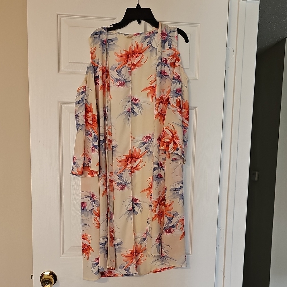 Pinkblush Cream Floral Cold-Shoulder Kimono with Orange & Blue Blooms